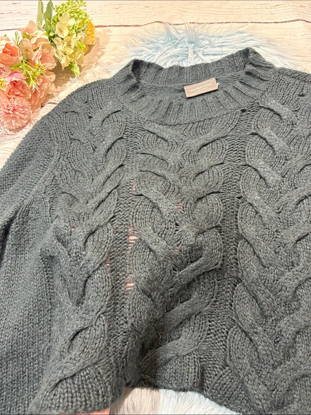 Wooden Ships Black Cropped Wide Cable Knit Mohair Wool Blend Sweater